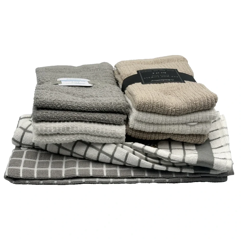 10 Pc Towel Bundle- 8 Cotton Bar Mop Towels 16x19 & 2 Kitchen Dish Towels 18x28